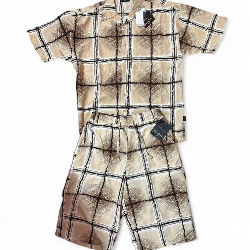 Sean John Boys Beige Plaid Short Pajama Set